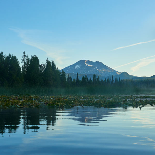 Misty morning mountain and trees on the Hosmer Lake in central Oregon.
