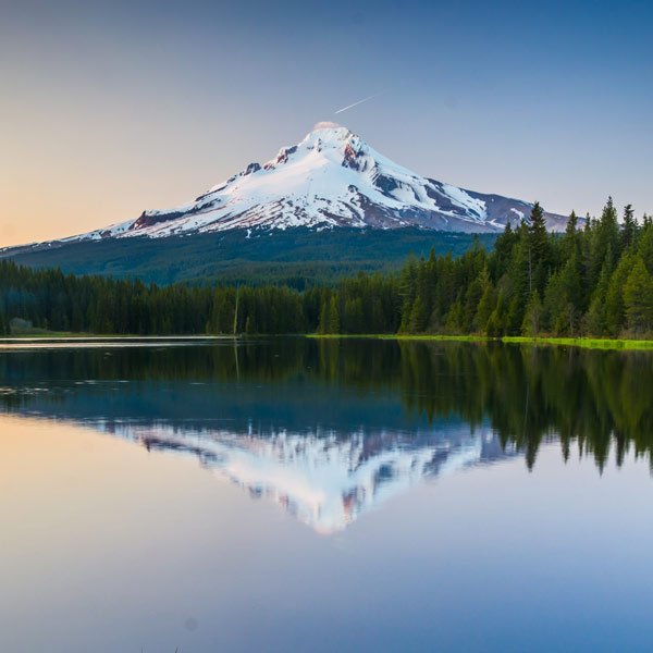 Grasses and Mount Hood reflecting in Trillium Lake at sunset in Oregon