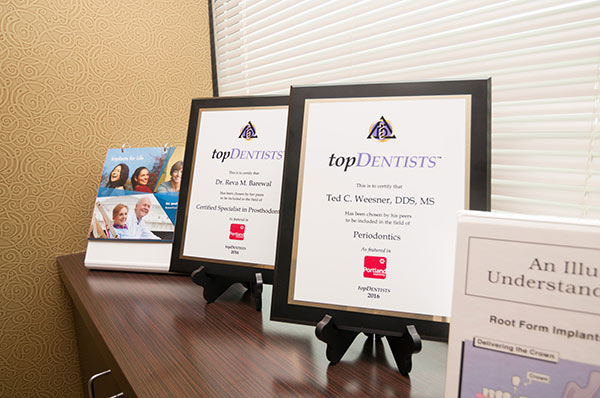 Framed Top Dentists on desk at Fusion Dental Specialists in Happy Valley, OR.